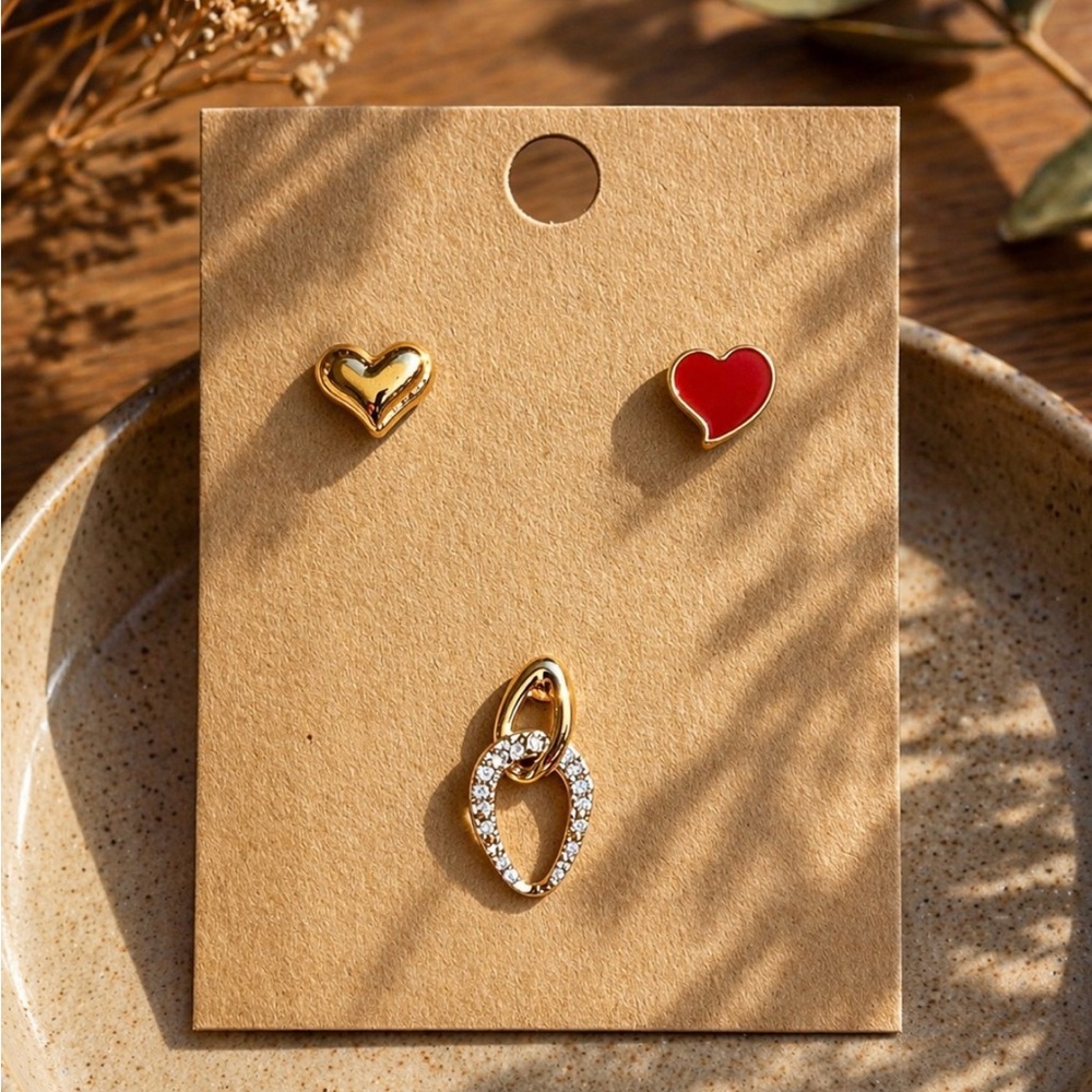 Single Earrings Mix Heart Rhinestone Gold Red Enamel Stud Set